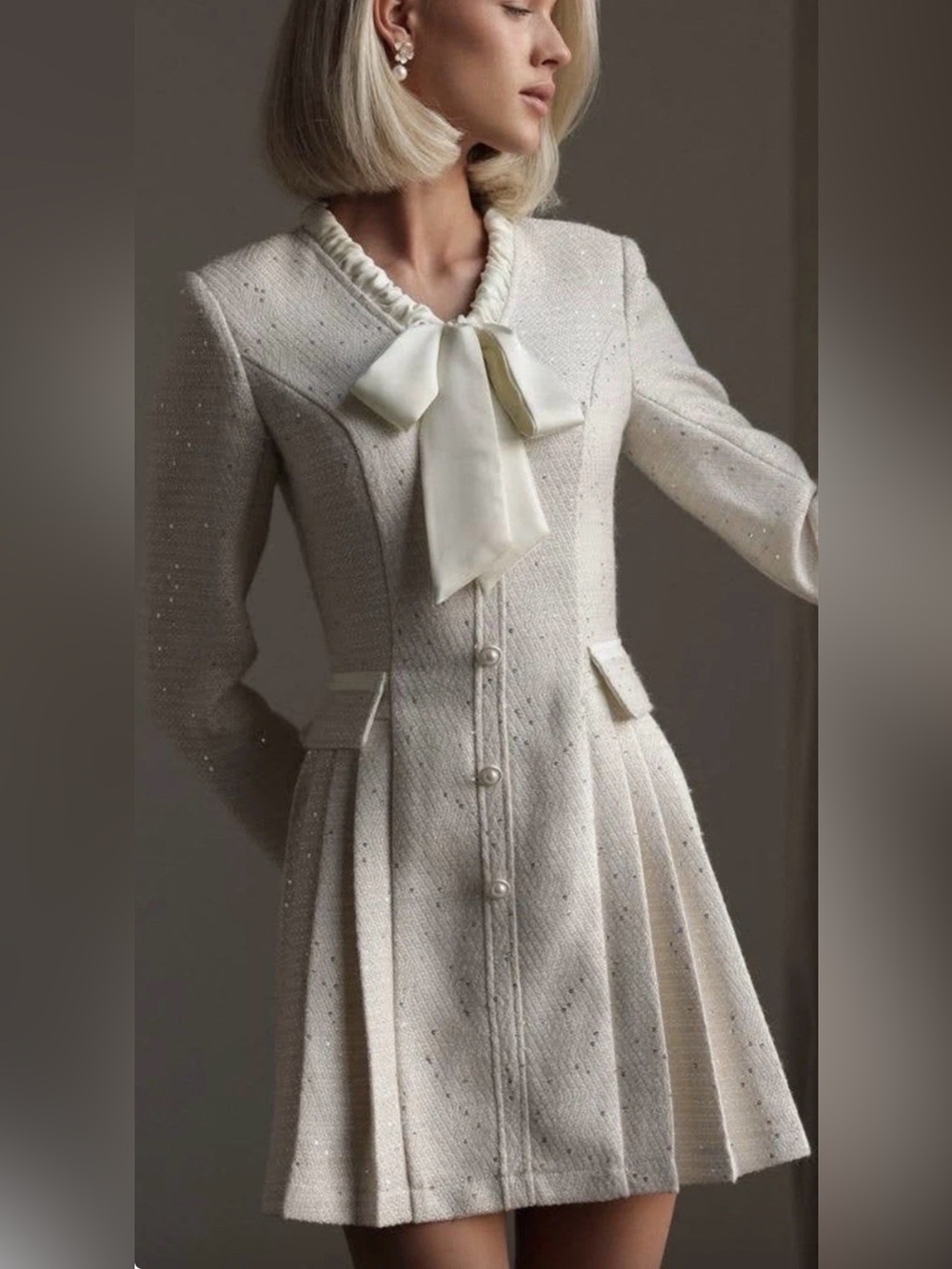 Godblessdress Elegant Ivory Bow-Front Tweed Dress